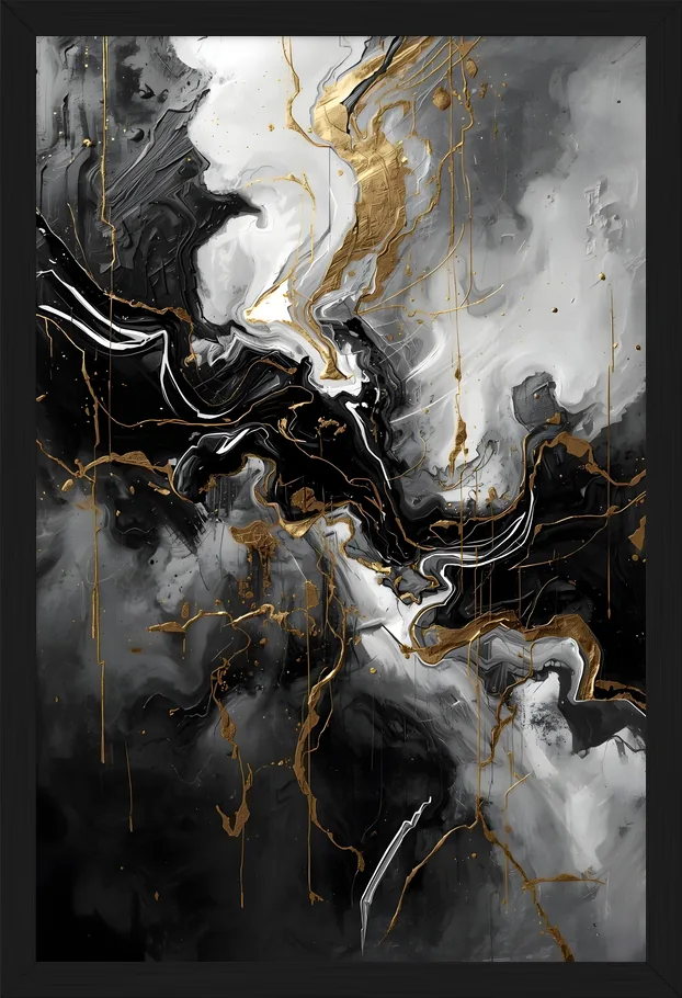 Black, White & Gold Fluid, framed