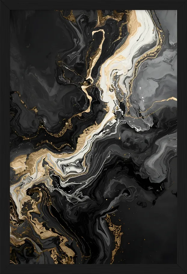 Black, White & Gold Fluid, framed