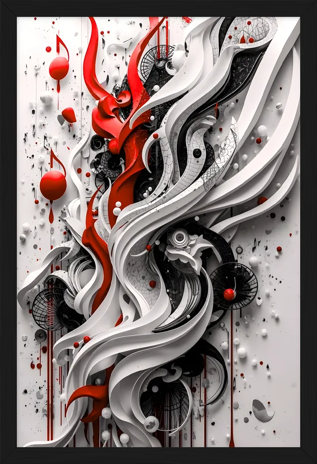 Red 3D Sculpted Music, piece 2 of 3, framed